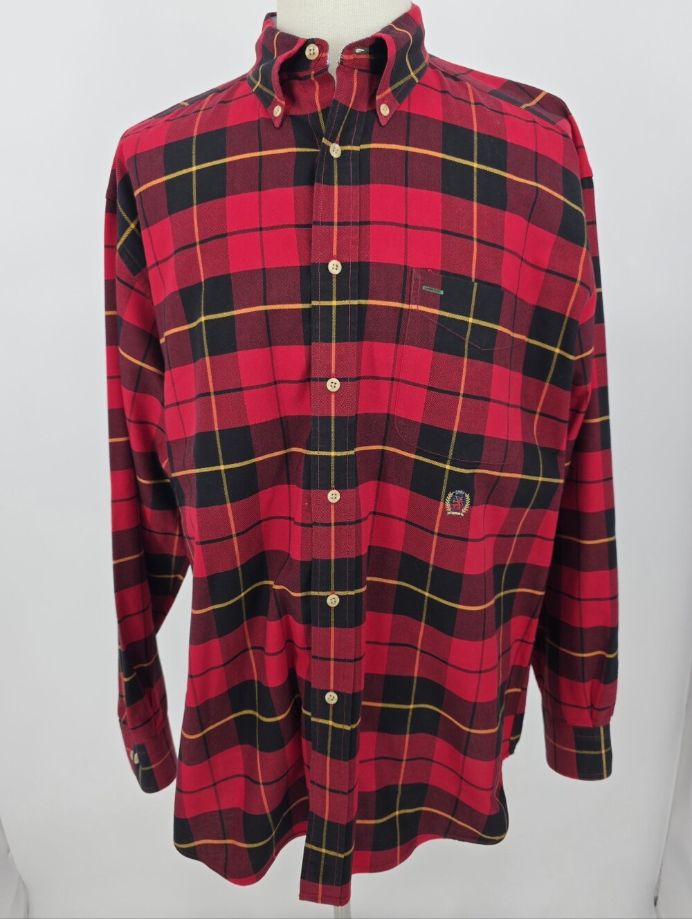 Tommy Hilfiger Vintage 90s Plaid Flannel Large Shirt Crest Red Tartan
